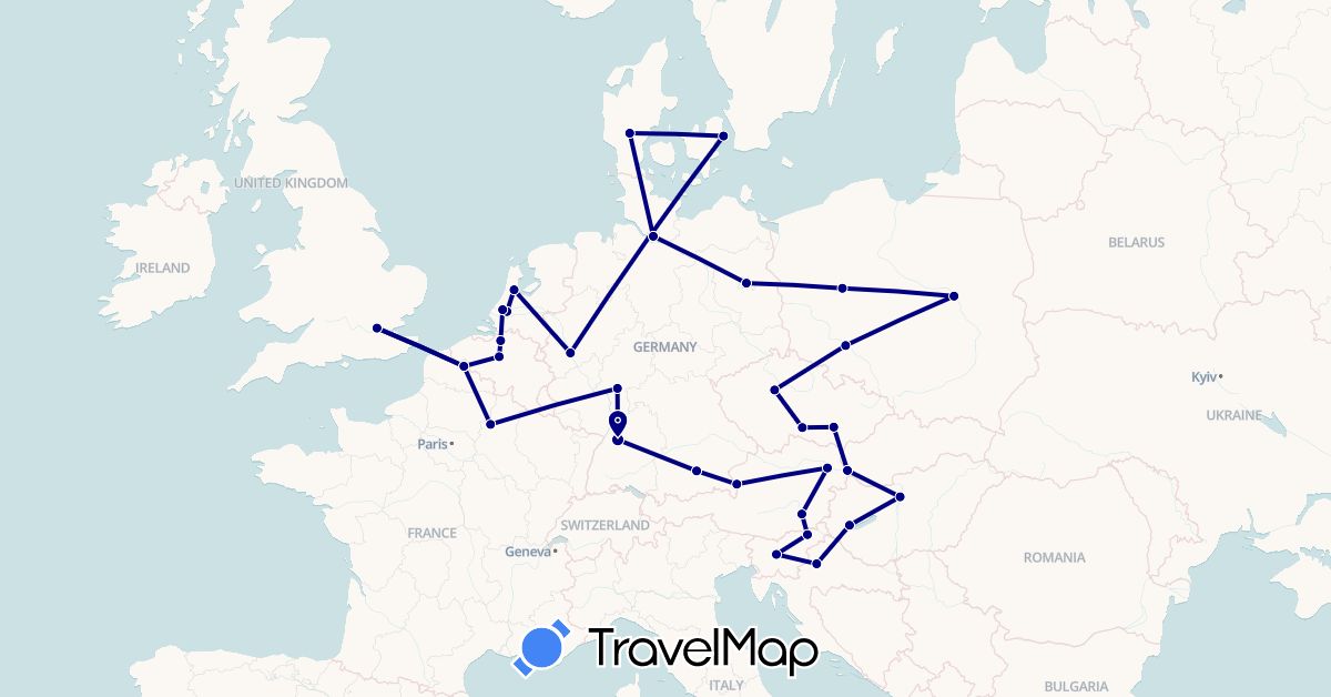 TravelMap itinerary: driving in Austria, Belgium, Czech Republic, Germany, Denmark, France, United Kingdom, Croatia, Hungary, Netherlands, Poland, Slovenia, Slovakia (Europe)